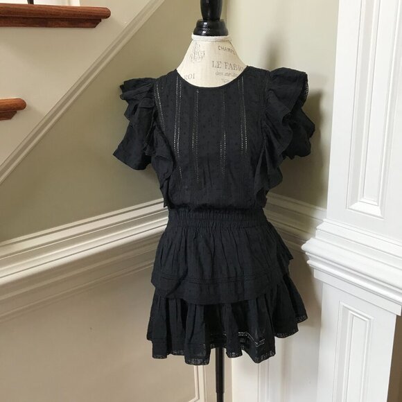 LoveShackFancy Natasha Mini Dress Womens XS Black Cotton Ruffle Short Sleeve - Picture 3 of 13